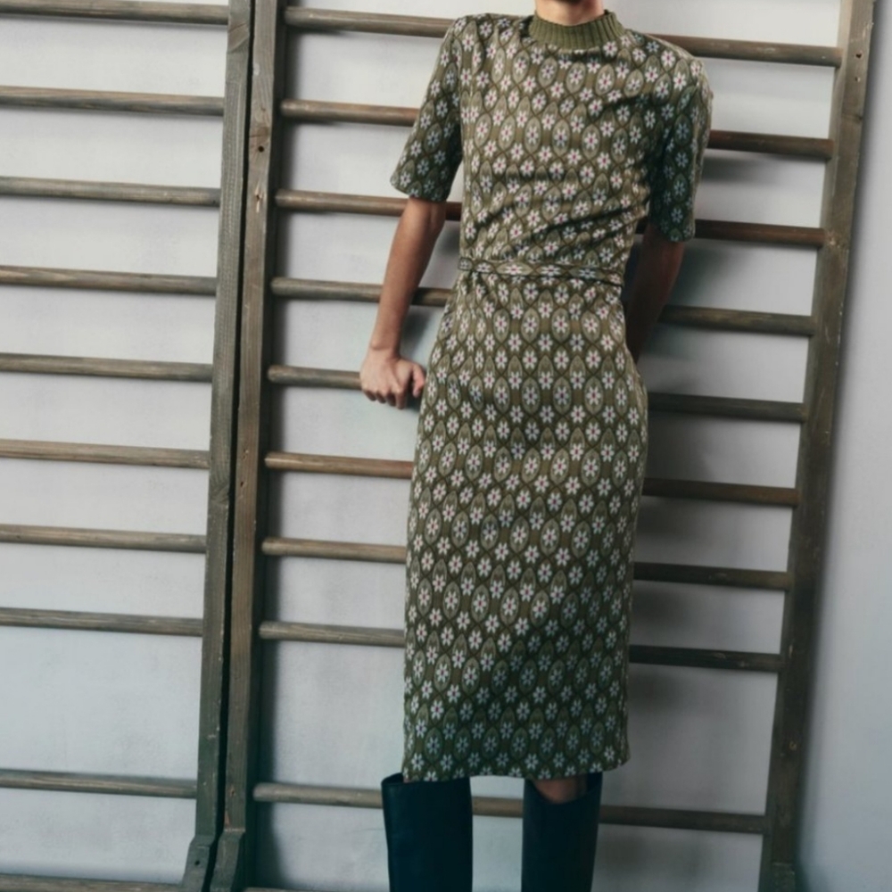 ZARA | Chic Olive Patterned Dress - Picture 1 of 12